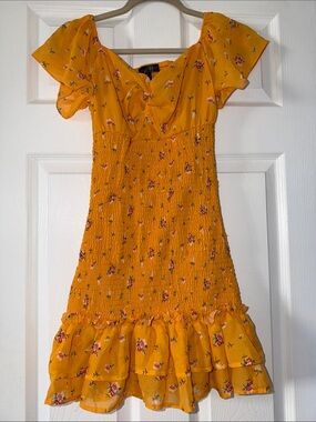 Faded Rose Yellow Floral Smocked Ruffle Mini Dress